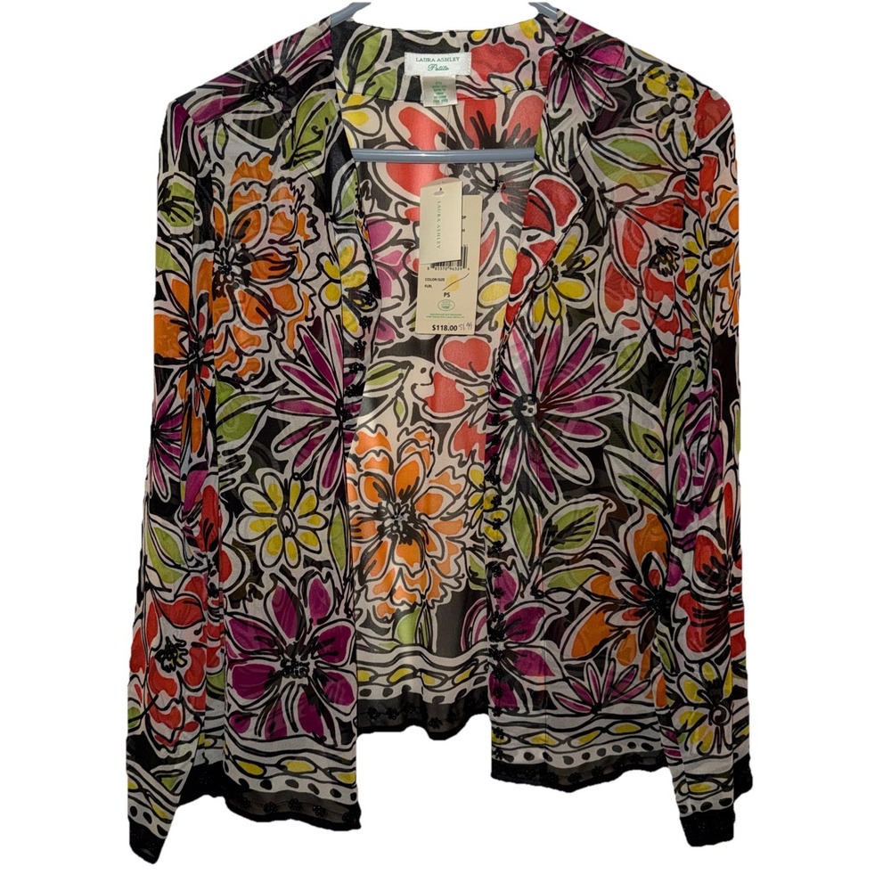 Laura Ashley Floral 100% Silk PS Open Cardigan Citrus Splash Beaded Trim